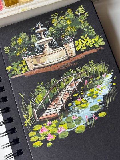 A sketchbook spread featuring two serene nature scenes painted with gouache on black paper. One shows a garden fountain, and the other a wooden bridge over a lily pond, inspired by Monet.