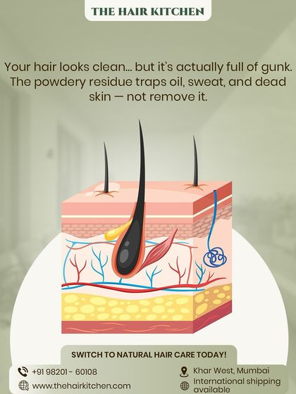 Your hair might look clean after using dry shampoo, but this diagram shows what's really happening. The powdery residue can trap oil and dead skin, clogging follicles and hindering growth. True cleanliness comes from washing, not covering up.
