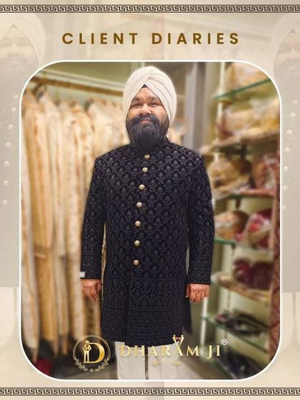 A client looking regal in a dark, textured sherwani and a white turban. The gold buttons add a touch of luxury.