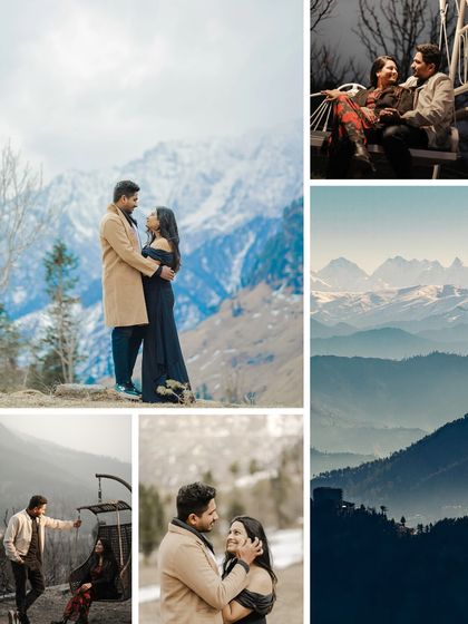 A mood board of a Manali pre-wedding shoot, blending epic mountain views with intimate couple portraits.