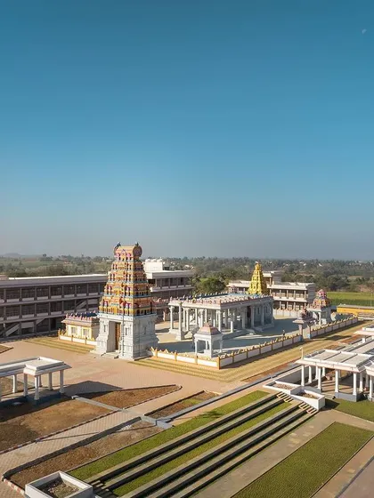 This is an aerial view of the Shiva Shakti Dham temple complex in Hubli. Tackling a project of this scale was a humbling experience, where we focused on master planning a spiritual journey that respects tradition while creating a serene environment for thousands of devotees.