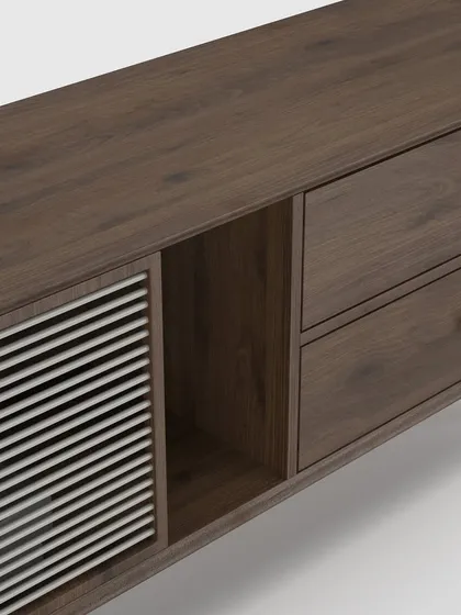 A close-up of the TV unit's details, including the fine-grained wood direitos and minimalist hardware.