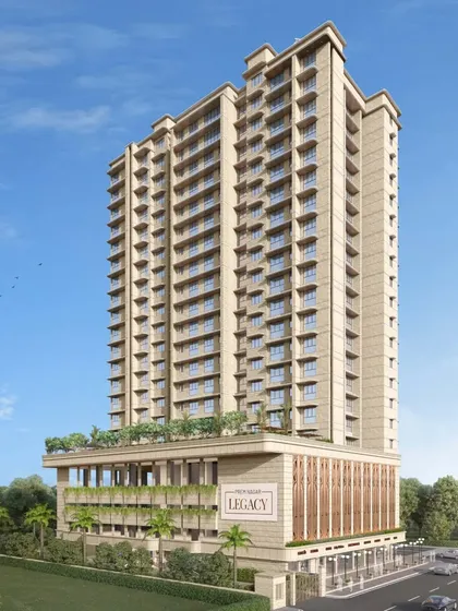 The 'Legacy' residential building, designed with a classic and enduring aesthetic. The structure features clean lines and a prominent podium level with integrated greenery, creating a distinguished urban residence.