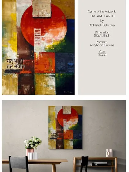 This sold piece, 'Fire and Earth', is a 4x5 feet abstract designed with Vastu principles in mind. The geometric composition and elemental colors create a sense of balance and harmony, grounded by the Sanskrit script.