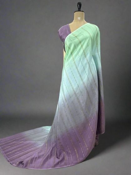 A lovely Rangkat pure Mysore silk saree with a gradient of green, blue, and purple.