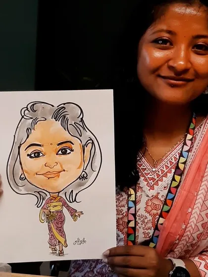 A smiling employee from Google Cloud with her personalized caricature. I love capturing the unique style and personality of each person I draw.
