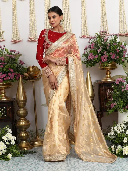 A sheer beige silk organza saree with gold polka dots, paired with a full-sleeved red embroidered blouse.