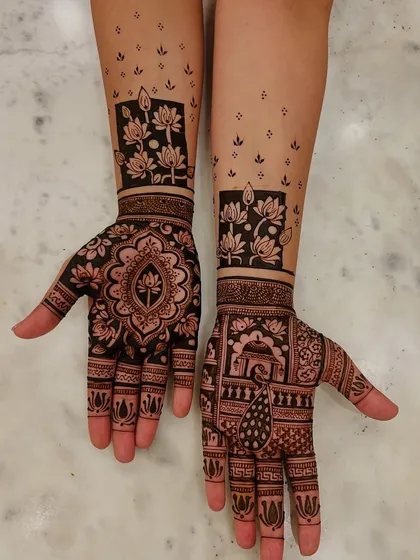 A unique and artistic design combining a block of lotus flowers with a single peacock and dome, showcasing a modern approach to storytelling.