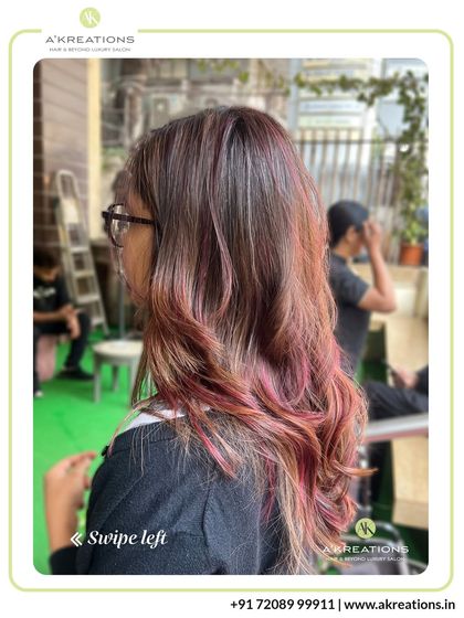 A playful yet sophisticated look featuring soft pink and red tones. This color is perfect for clients looking to add a creative touch to their style.