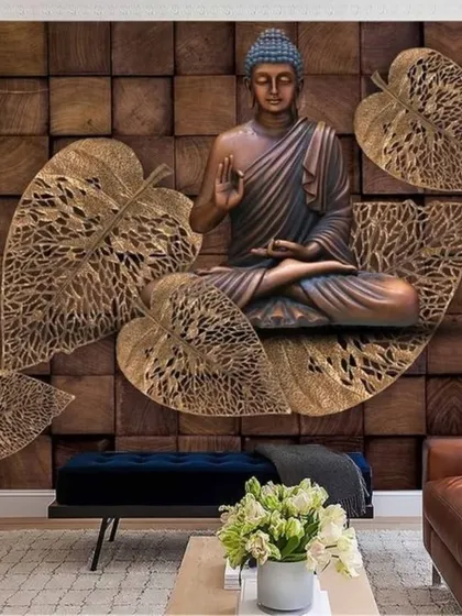A unique 3D wallpaper featuring a Buddha statue against a background of wooden blocks and large, intricately carved leaves.