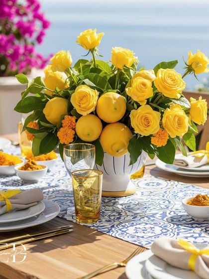 A breathtaking view from the Positano-themed event, with the vibrant yellow and blue tablescape contrasting against the sparkling water and pink bougainvillea. It’s a picture-perfect destination feel.