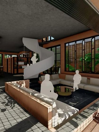 An interior render of the Corgao Villa, showing the open-plan living area and its connection to the outdoor deck. The human figures help to illustrate the scale and flow of the space.