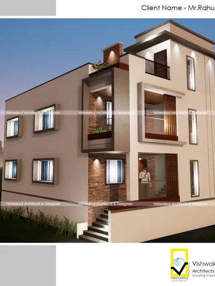A night render of the 'Banda House' in Navghar. The lighting design emphasizes the projecting window boxes and adds a dramatic flair to the facade.