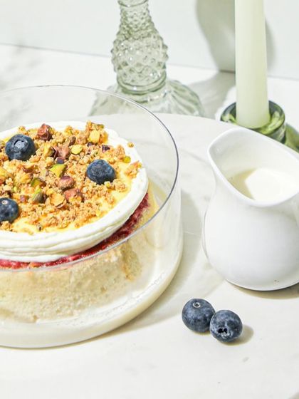 Our new Lemon Berry Tres Leches, a light and airy cake soaked in three milks and topped with lemon cream and fresh blueberries.