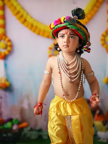 A slightly older child dressed as Krishna, looking majestic in our traditional setup.