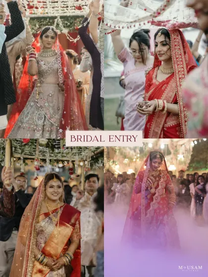 A collage showcasing the grandeur and emotion of the bridal entry. Each bride's walk to the mandap is unique, and I aim to capture the full spectacle and her radiant expression.