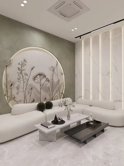 Another view of the dental clinic waiting area, highlighting the interplay of light and texture. The vertical backlit panels on the marble wall add depth and sophistication, while the minimalist furniture and clean lines maintain a modern and uncluttered feel.