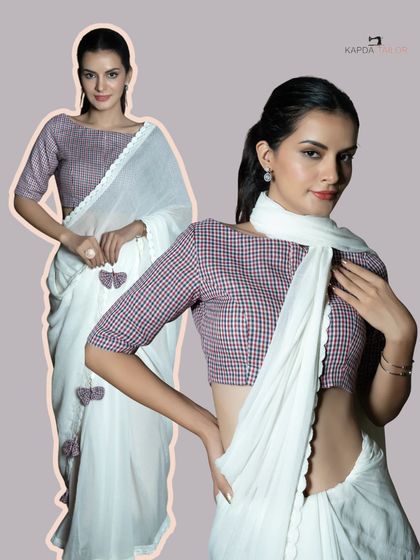 Who says you need a reason to wear a saree? This casual white drape with bow details is paired with a checked blouse for a look that is all about ease, comfort, and charm.