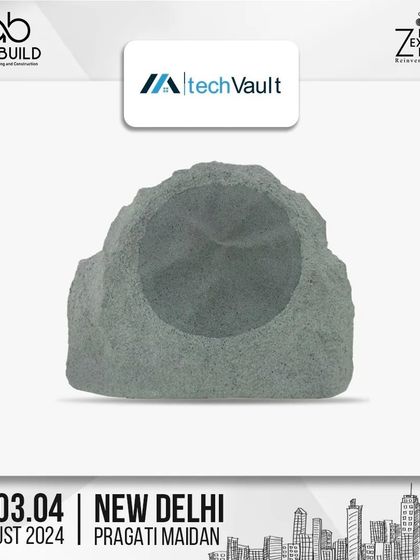 This promotional graphic features one of our most popular outdoor audio solutions: the rock speaker. It's designed to look like a natural part of your garden while providing excellent sound, perfect for entertaining or relaxing outdoors.