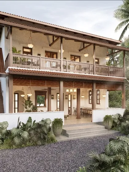 This is the vision for a 250-year-old heritage home in Alibaug, which we are transforming into a modern café. Our design respects its history while creating a welcoming space that blends into the lush landscape, showing how old structures can find new purpose.