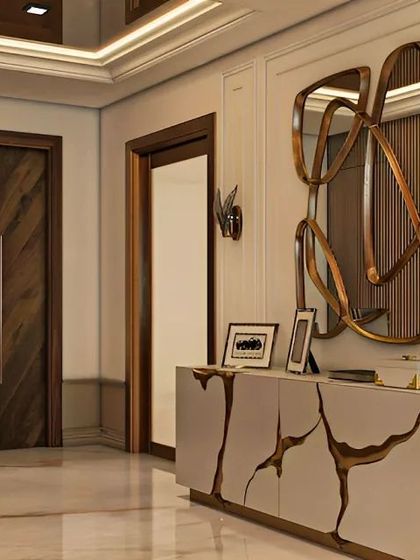 A stunning entryway console with a unique, cracked-gold design. This piece serves as a beautiful focal point while providing practical storage.