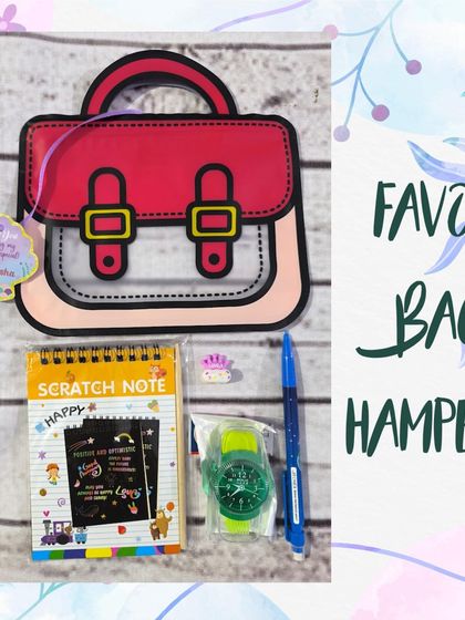 Inside the favor bag hamper, you'll find a scratch note pad, a pen, a watch, and other small stationery items.