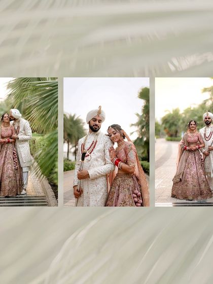 Another beautiful collage of the Sikh couple's wedding portraits, featuring a sweet kiss on the cheek and classic poses.