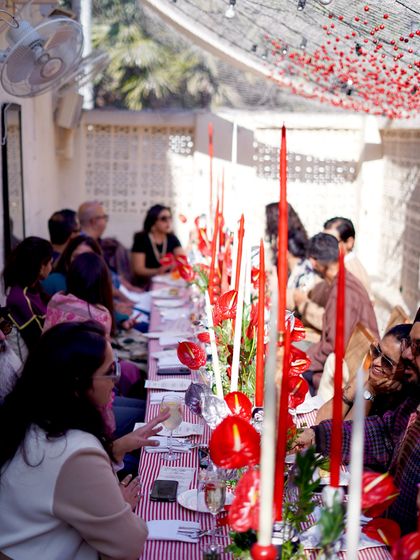 The beautiful terrace at our Malcha Marg location, transformed into a cherry wonderland for our annual Christmas brunch, celebrating talented designers in the winter sun.