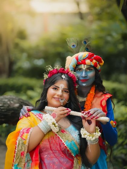 A beautiful depiction of Radha and Krishna, showcasing our skills in traditional and character makeup for festive themes.