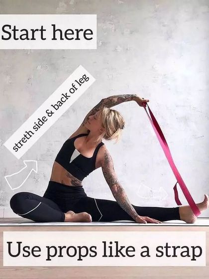 This is the first step for a deep side stretch. Using a prop like a yoga strap can help you access the stretch in your side body and the back of your leg, even if you have tight hamstrings.