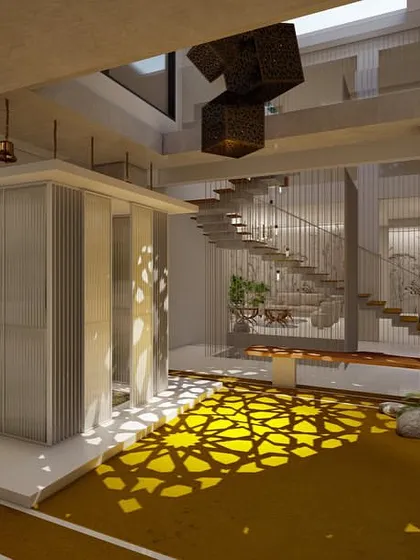 A view into the home's central courtyard, featuring a glass-enclosed puja room and a floating staircase. The play of light and shadow from the skylight creates a dynamic and spiritual atmosphere.