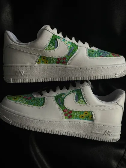 A top-down view of the colorful flower field custom sneakers.