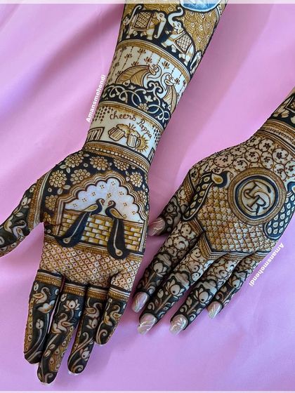 A closer look at the personalized bridal design, showing the "Cheers" motif and the "LR" initials. This is a great example of how we can incorporate your story into the mehndi.
