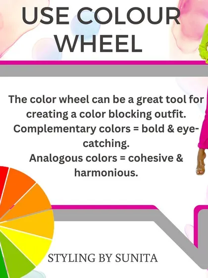 The color wheel is a great tool for color blocking. Complementary colors create a bold look, while analogous colors are more harmonious.