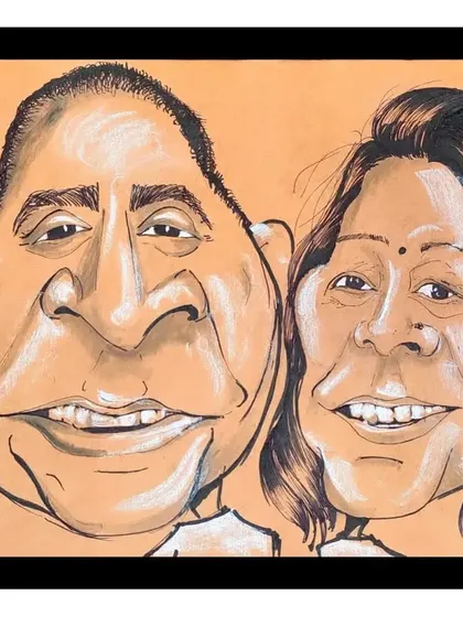 A lovely couple portrait done on a warm, toned paper. This style gives the caricature a classic, gentle feel, focusing on their happy expressions and connection.