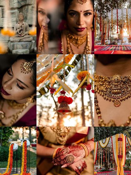 A collage of beautiful wedding details, from the bride's makeup and jewelry to the vibrant floral decor and sunset mandap.