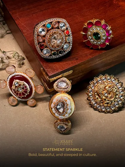 Statement Sparkle. A collection of our boldest rings, featuring navratna designs, floral motifs, and large uncut polki diamonds, each one a monumental presence.