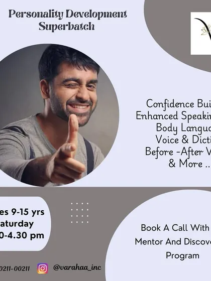 Our Personality Development Superbatch, mentored by a Bollywood actor, is perfect for ages 9-15. The program focuses on enhancing speaking skills, body language, voice, and diction, with before-and-after videos to track progress.