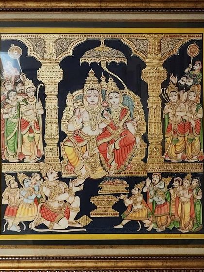 A completed Rama Pattabhishekam painting, now in the home of a happy client. The intricate gold work and detailed characters create a stunning centerpiece that tells a grand story.