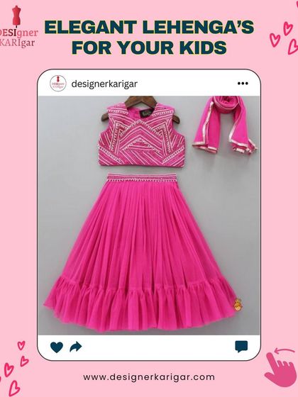 A bright pink kids' lehenga with a matching dupatta. The embroidered top and tiered skirt make it a fun and festive choice.