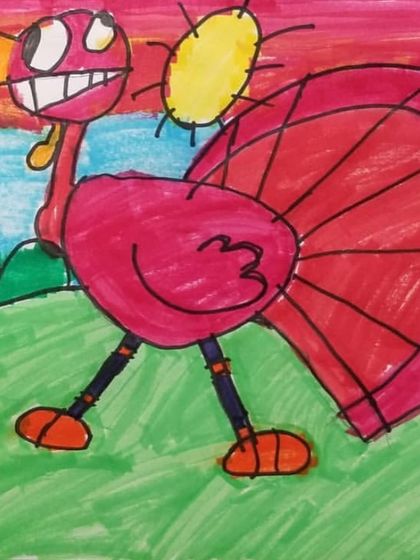A very colorful and happy turkey enjoying the sun. Our students learn to use color to set the mood of their cartoon scenes.