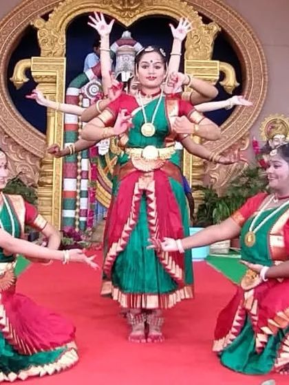 A thematic piece on the goddess Ashtalakshmi, performed at Tirumala. The use of multiple dancers to create a single divine form is a choreographic technique we often employ.