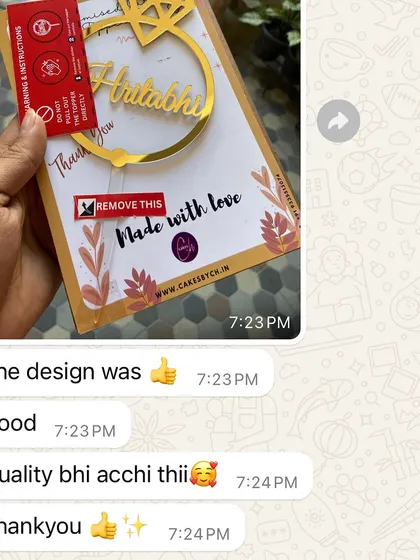 "The design was good, Quality bhi acchi thii." I'm so glad this customer was pleased with both the design and the quality of their topper.
