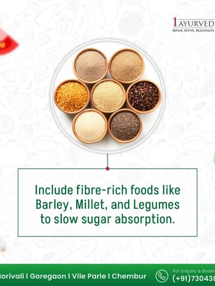 We recommend including fiber-rich foods like barley, millet, and various legumes in the diet. These foods slow the absorption of sugar into the bloodstream, providing a stable source of energy and preventing sharp spikes in blood sugar.