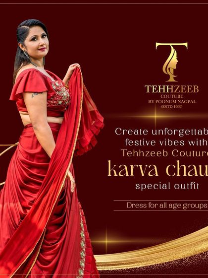 This Karwa Chauth, create unforgettable memories in this stunning red draped saree. The outfit features a beautifully embroidered blouse and a ruffled drape, perfect for celebrating in style.