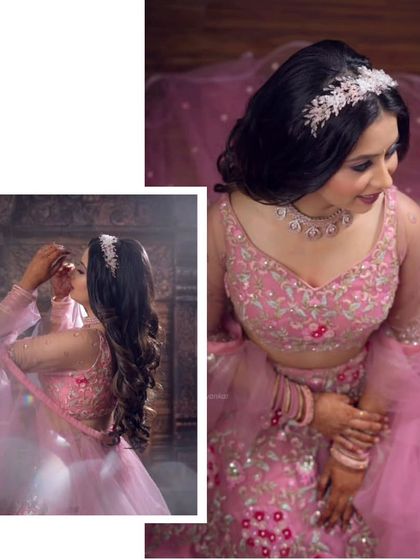 A collage highlighting the beauty of this pink floral and ruffle lehenga. The details, from the blouse to the jewellery, are all perfectly coordinated.