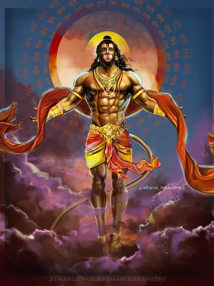 An alternate version of my divine Hanuman artwork. This piece features a different color palette, with deep purples and a glowing halo, emphasizing his celestial nature.