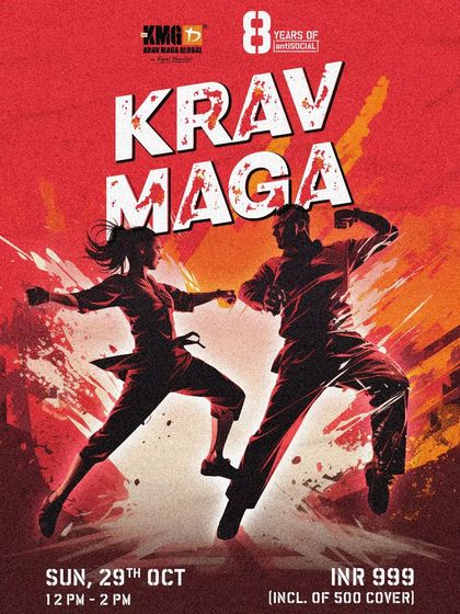 Announcement for our Krav Maga workshop at antiSOCIAL in Mumbai, inviting people to learn basic defense skills.
