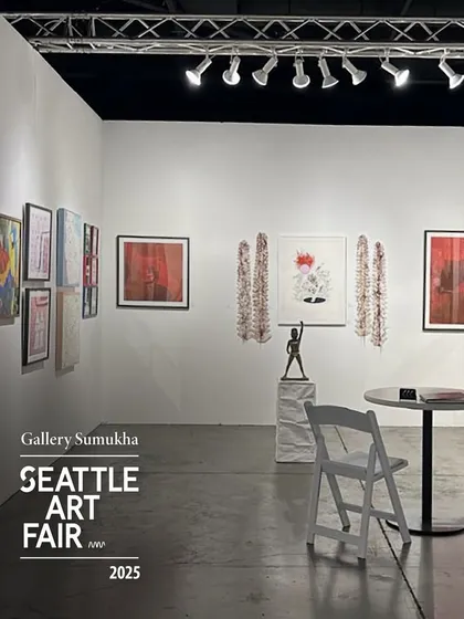 Our booth at the Seattle Art Fair, showcasing a curated selection of South Asian artists. Taking these stories to a global stage is a crucial part of my work, connecting diverse artists with new audiences and creating a dialogue across borders.
