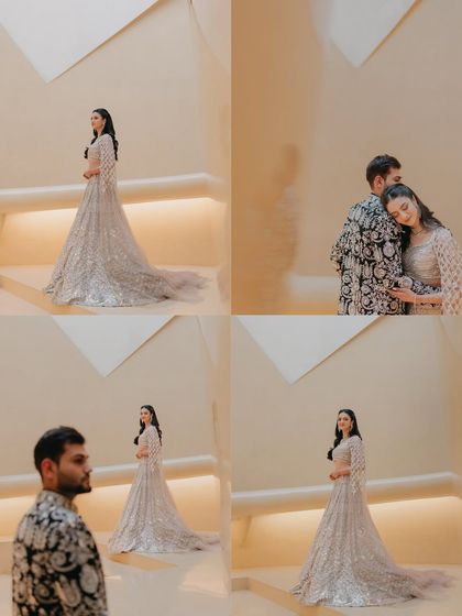 A collage showcasing different angles and moments from a single portrait session. This format allows us to tell a mini-story, from individual poses to intimate embraces, all within a cohesive, minimalist setting.